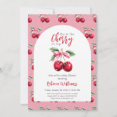 さくらんぼオントップアーチピンクボウガールベビーシャワー 招待状 (正面)
