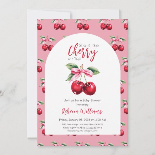 さくらんぼオントップアーチピンクボウガールベビーシャワー 招待状 (正面)