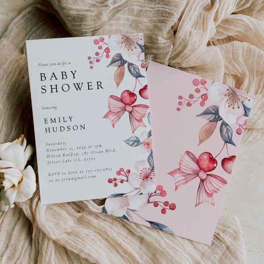 さくらんぼオントップキュートボウコケットベビーシャワー 招待状