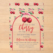 さくらんぼオントップコケットピンクボウガールベビーシャワー アクリル招待状 (正面)