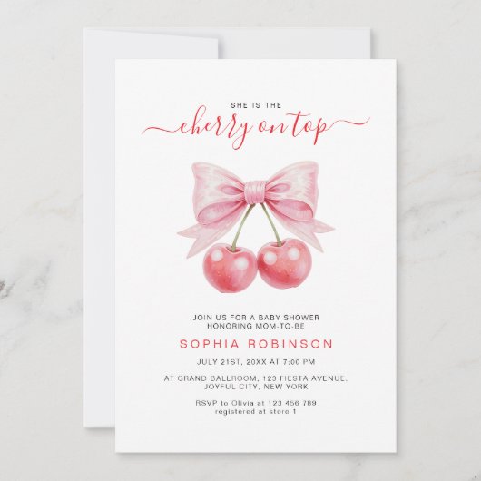 さくらんぼオントップコケットピンクボウガールベビーシャワー 招待状 (正面)