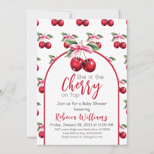 さくらんぼオントップコケットピンクボウガールベビーシャワー 招待状 (正面)