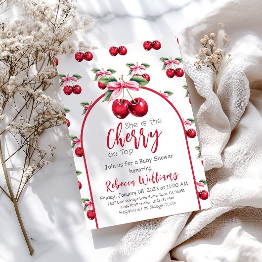 さくらんぼオントップコケットピンクボウガールベビーシャワー 招待状