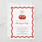 さくらんぼオントップコケットピンクボウガールベビーシャワー 招待状 (正面)
