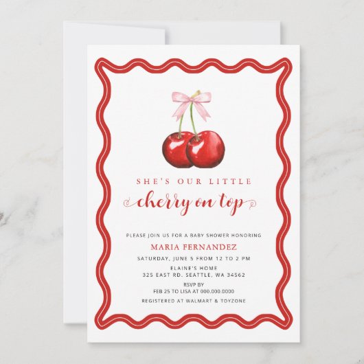 さくらんぼオントップコケットピンクボウガールベビーシャワー 招待状 (正面)
