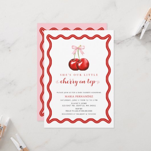 さくらんぼオントップコケットピンクボウガールベビーシャワー 招待状 (正面/裏面インサイチュ)