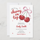 さくらんぼオントップコケットボウピンクの女の子ベビーシャワー 招待状 (正面)