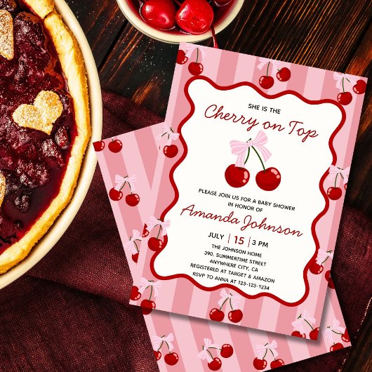 さくらんぼオントップコケットボウピンクの女の子ベビーシャワー 招待状