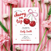 さくらんぼオントップコケットボウピンクの女の子ベビーシャワー 招待状