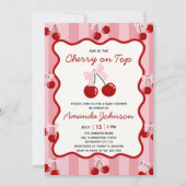 さくらんぼオントップコケットボウピンクの女の子ベビーシャワー 招待状 (正面)