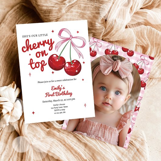さくらんぼオントップコケットボウピンクガール誕生日 招待状