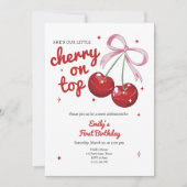 さくらんぼオントップコケットボウピンクガール誕生日 招待状 (正面)