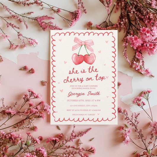 さくらんぼオントップコケット弓手引きベビーシャワー 招待状