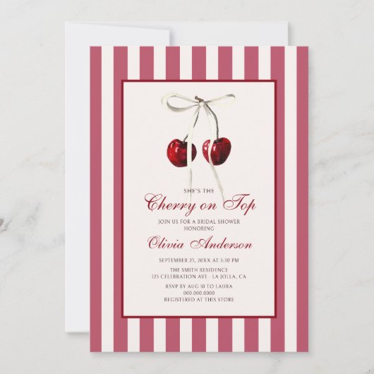 さくらんぼオントップストライプのブライダルシャワー 招待状 (正面)