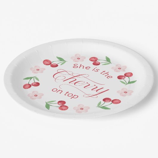 さくらんぼオントップピンクの水の色ベビーシャワー ペーパープレート (アングル)