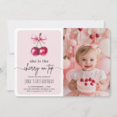 さくらんぼオントップピンクの誕生日パーティーと写真 招待状 (正面)