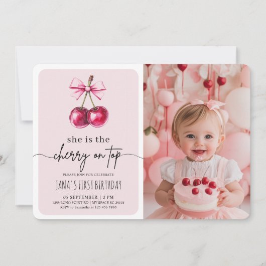 さくらんぼオントップピンクの誕生日パーティーと写真 招待状 (正面)