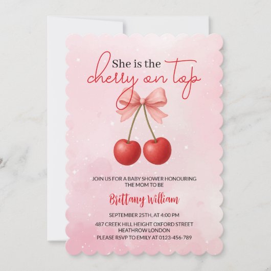 さくらんぼオントップピンクガールベビーシャワー 招待状 (正面)