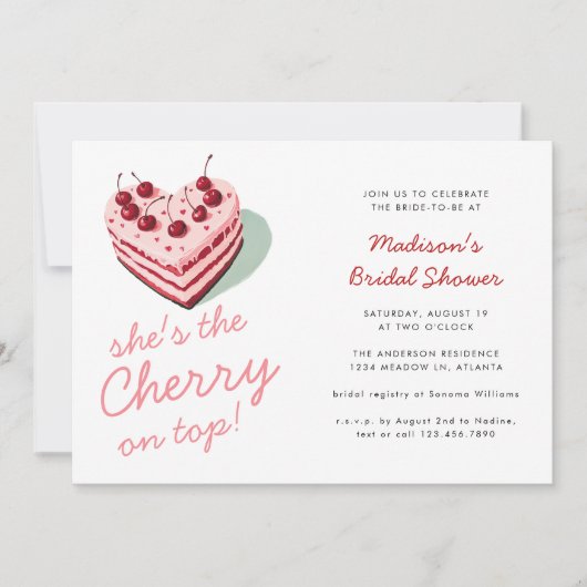 さくらんぼオントップピンクハートケーキブライダルシャワー 招待状 (正面)