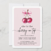 さくらんぼオントップピンクバースデーパーティー 招待状 (正面)