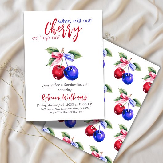 さくらんぼオントップピンクブルーの男の子または女の子のジェンダーリビール 招待状