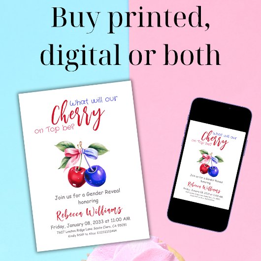 さくらんぼオントップピンクブルーの男の子または女の子のジェンダーリビール 招待状
