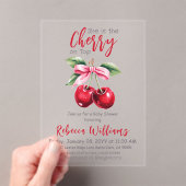 さくらんぼオントップピンクボウガールベビーシャワー アクリル招待状 (インサイチュ (ポータブル))