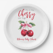さくらんぼオントップピンクボウガールベビーシャワー ペーパープレート (正面)