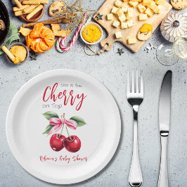 さくらんぼオントップピンクボウガールベビーシャワー ペーパープレート