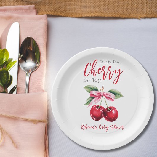 さくらんぼオントップピンクボウガールベビーシャワー ペーパープレート