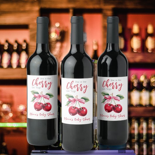 さくらんぼオントップピンクボウガールベビーシャワー ワインラベル