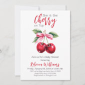 さくらんぼオントップピンクボウガールベビーシャワー 招待状 (正面)