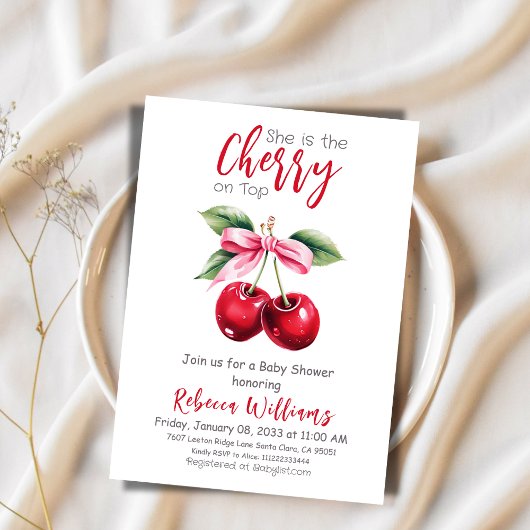 さくらんぼオントップピンクボウガールベビーシャワー 招待状