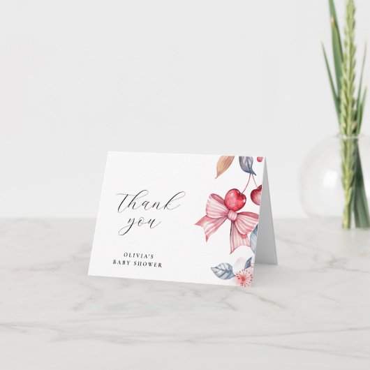 さくらんぼオントップピンクボウコケットベビーシャワー サンキューカード (正面)