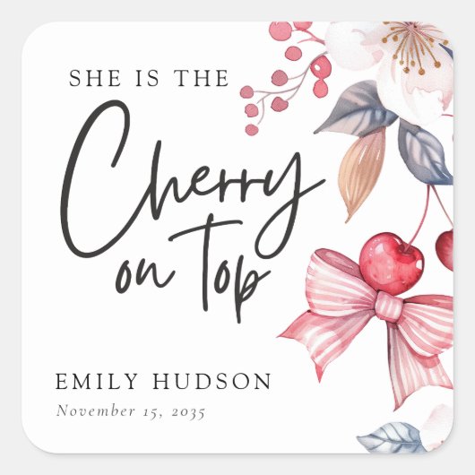 さくらんぼオントップピンクボウコケットベビーシャワー スクエアシール (正面)