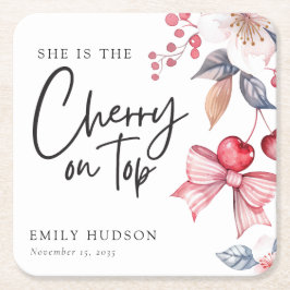さくらんぼオントップピンクボウコケットベビーシャワー スクエアペーパーコースター