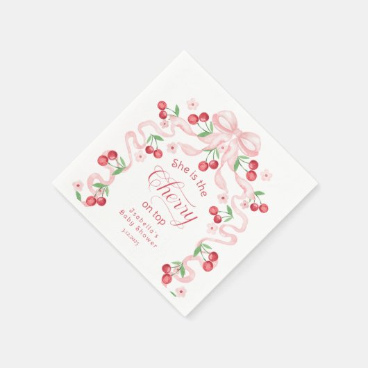 さくらんぼオントップピンクボウコケットベビーシャワー スタンダードカクテルナプキン (角)