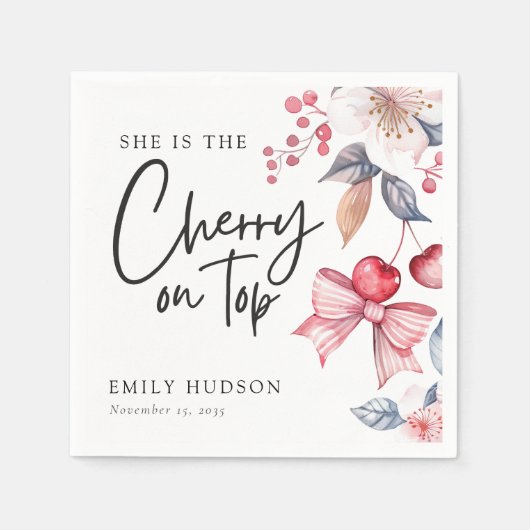 さくらんぼオントップピンクボウコケットベビーシャワー スタンダードカクテルナプキン (正面)