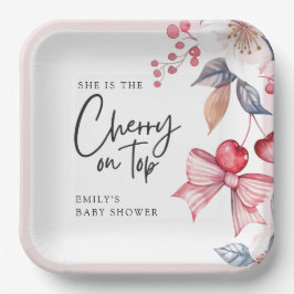 さくらんぼオントップピンクボウコケットベビーシャワー ペーパープレート