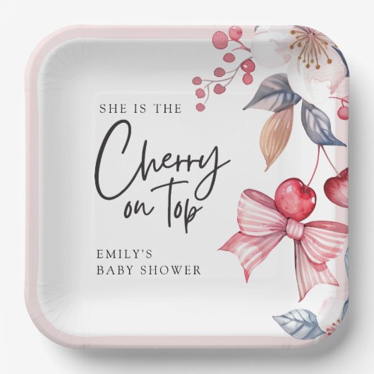 さくらんぼオントップピンクボウコケットベビーシャワー ペーパープレート (正面)