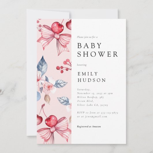 さくらんぼオントップピンクボウコケットベビーシャワー 招待状 (正面)