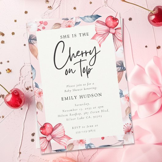 さくらんぼオントップピンクボウコケットベビーシャワー 招待状