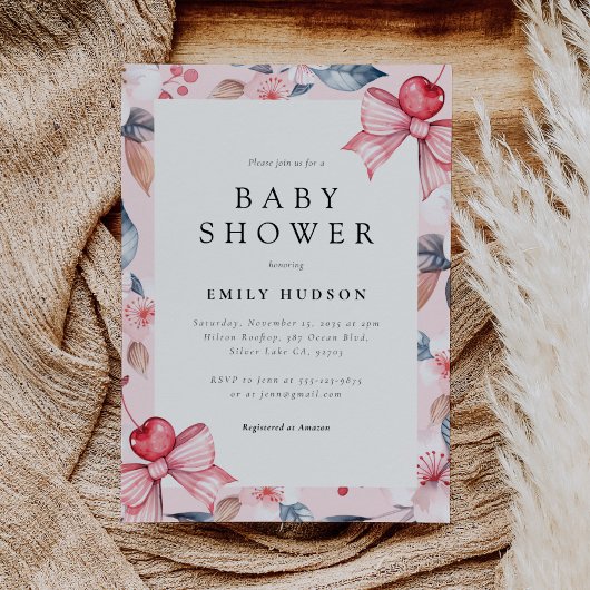 さくらんぼオントップピンクボウコケットベビーシャワー 招待状