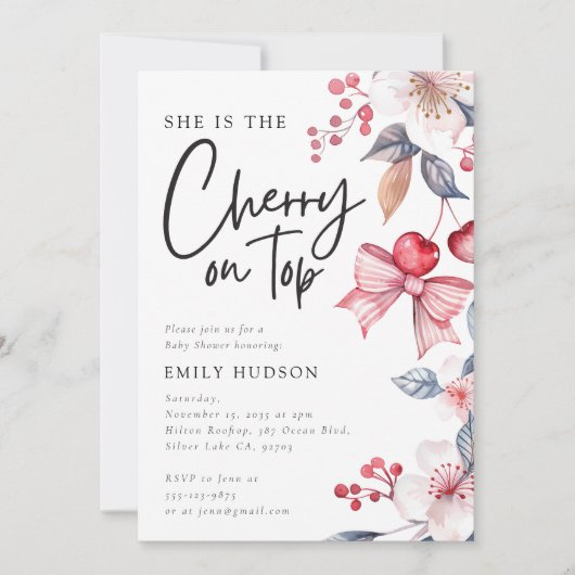 さくらんぼオントップピンクボウコケットベビーシャワー 招待状 (正面)