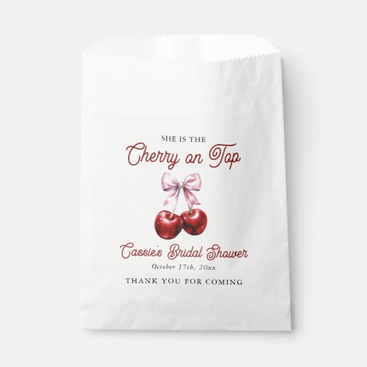 さくらんぼオントップピンクボウブライダルシャワーありがとう フェイバーバッグ (正面)