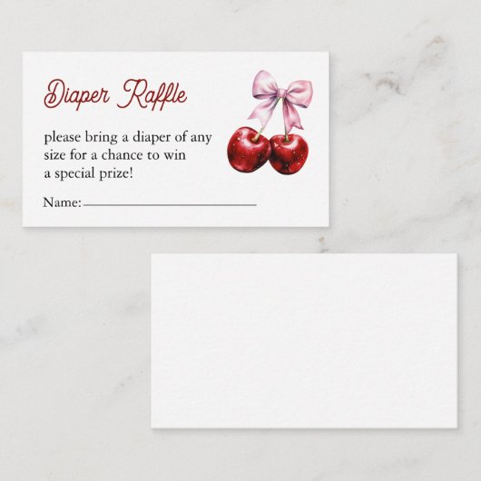 さくらんぼオントップピンクボウベイビーシャワーおむつラッフル エンクロージャーカード (正面/裏面)