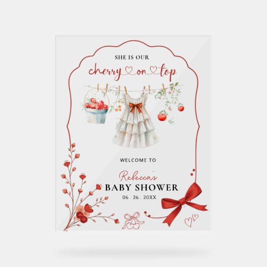 さくらんぼオントップピンクボウベビーガールシャワーウェルカム アクリルサイン (正面)