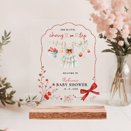 さくらんぼオントップピンクボウベビーガールシャワーウェルカム アクリルサイン