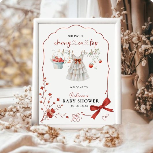 さくらんぼオントップピンクボウベビーガールシャワーウェルカム ポスター