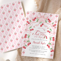 さくらんぼオントップピンクボウベビーシャワー招待状